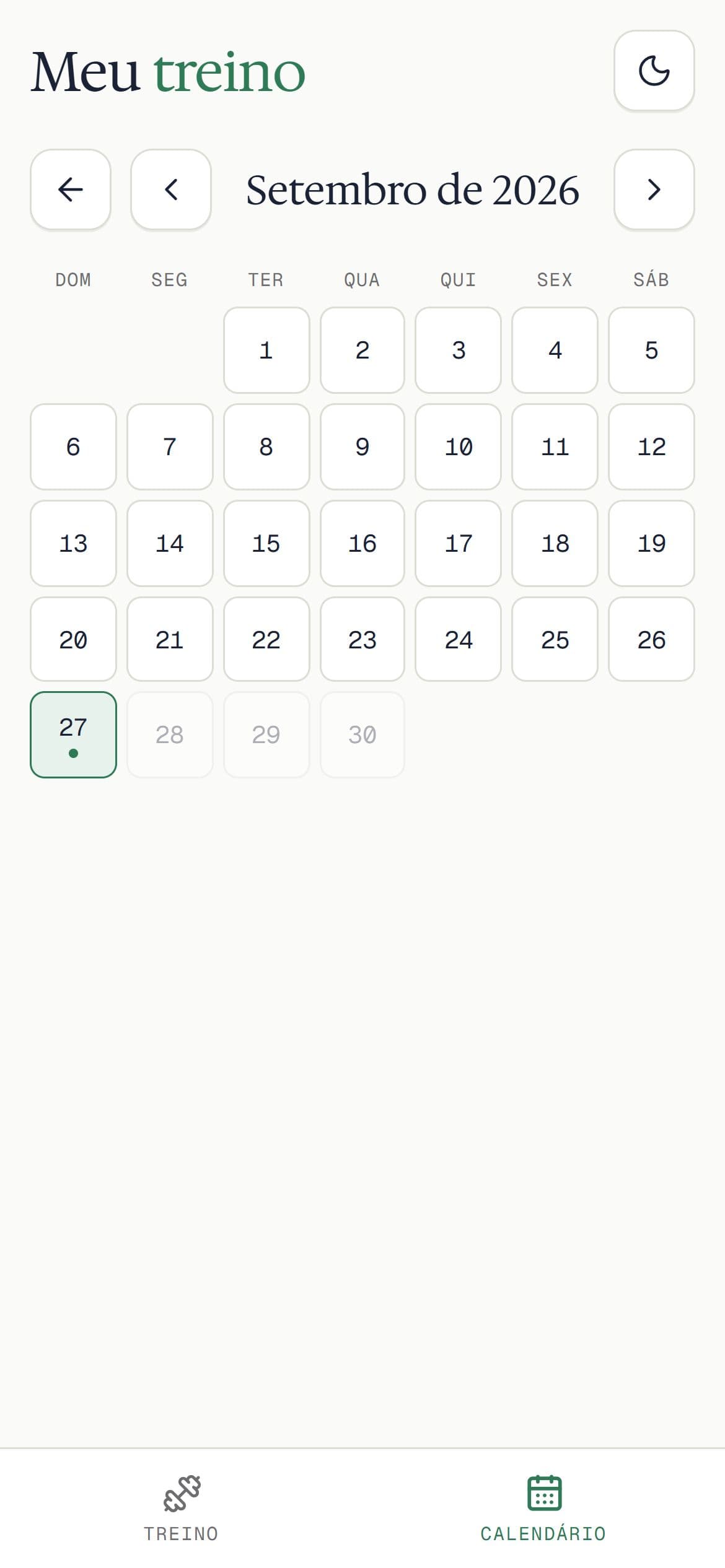 App de treino: calendário do mês